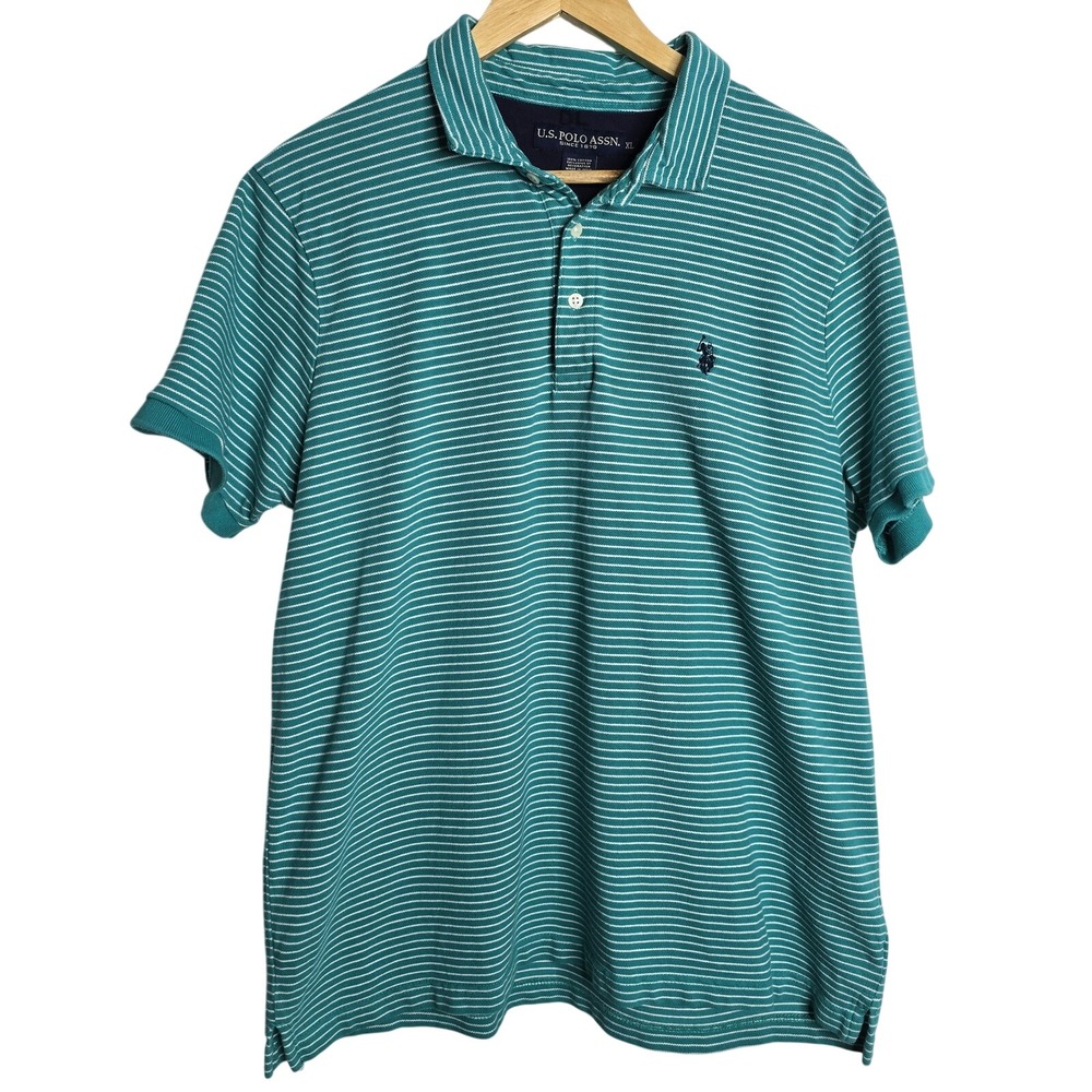 US Polo Assn Mens XL Green White Striped Short Sleeve Polo Shirt Embroidered